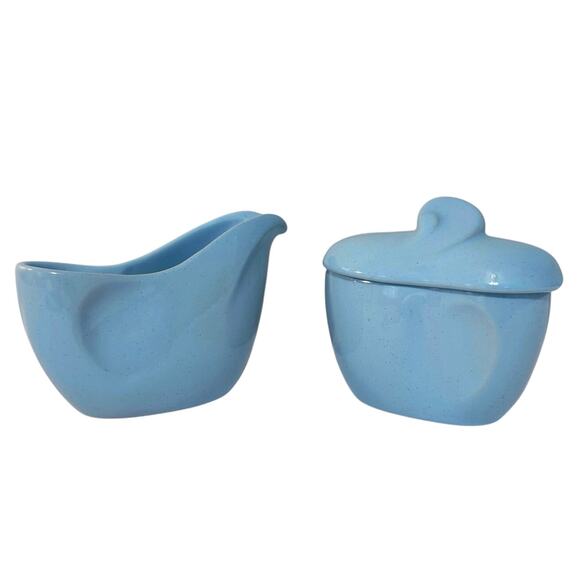 Frankoma Cream Covered Sugar Lazy Bones Blue Speckled 50s Vintage Pottery USA - Picture 1 of 11